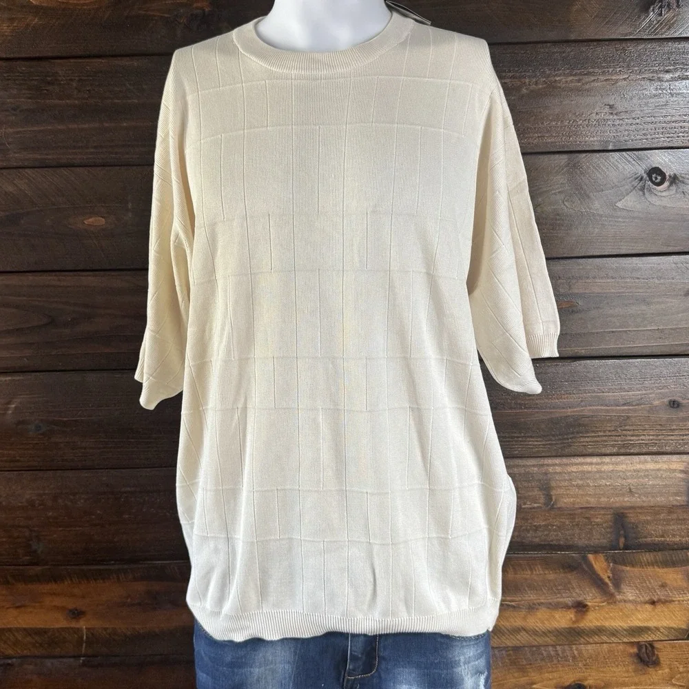Anthropology Mens 2XL Silk Window Pane Ribbed Knit Short Sleeve Pullover NWT